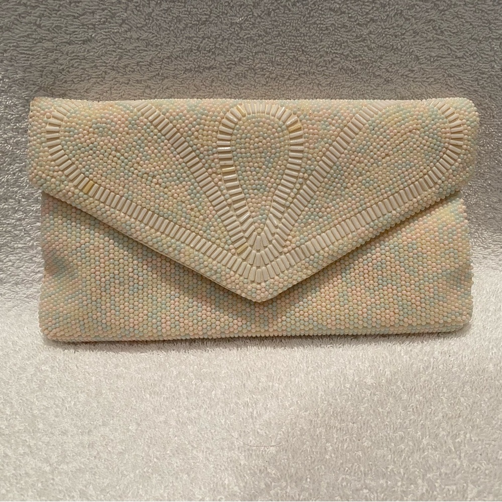 Vintage Cream And Pastel Beaded Clutch. Satin lined. Optional Shoulder Strap